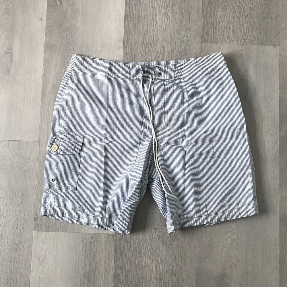 J CREW BLUE STRIPE SEERSUCKER SHORTS FLAT FRONT MENS 34